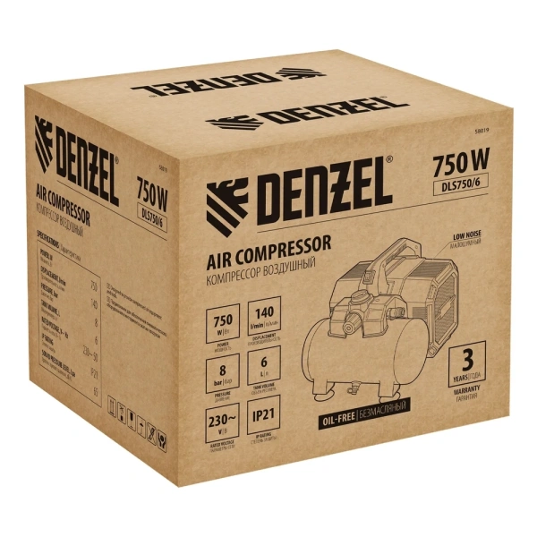 Компрессор безмасляный Denzel DLS750/6, 58019
